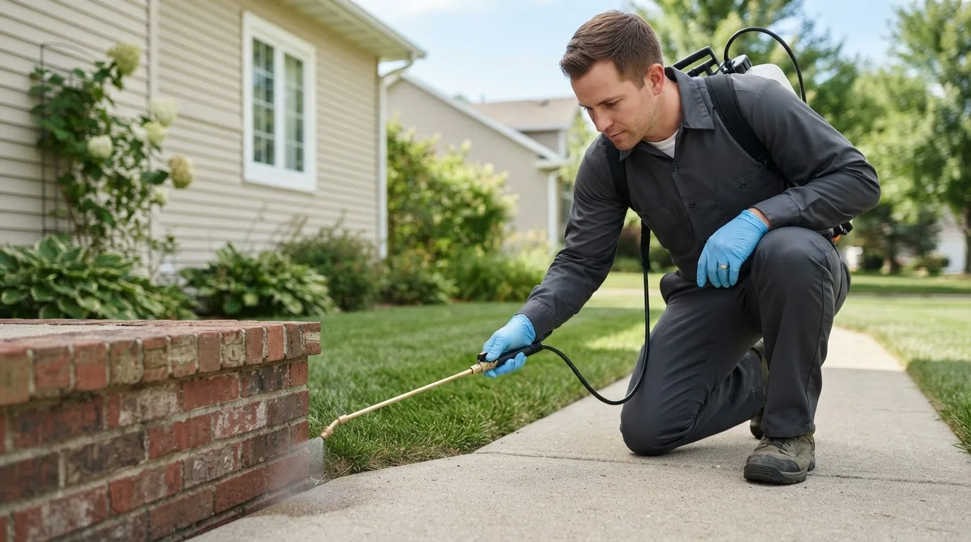 Pest control technician treating a home near Bunch, OK