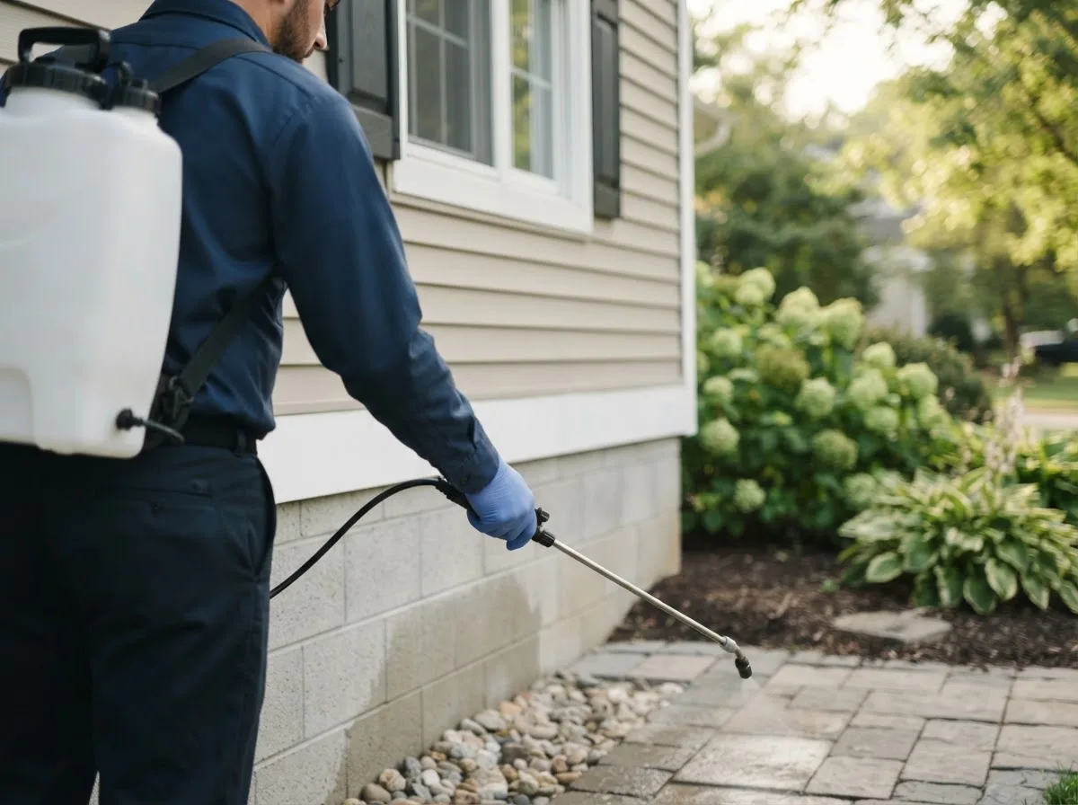 Pest control technician inspecting a home in Bunch, OK